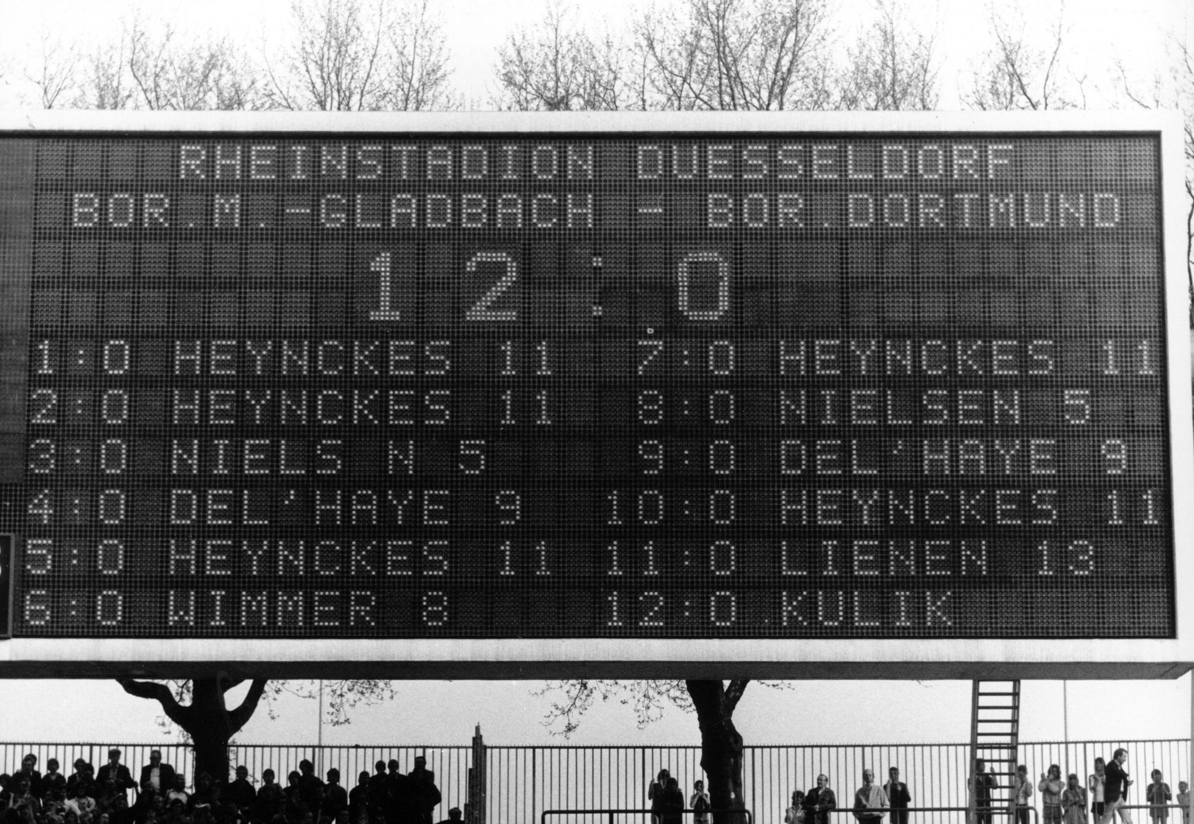 Der höchste Sieg in der Geschichte der Bundesliga. Gladbach schlägt den BVB mit 12:0 im April 1978. Foto: Imago Images